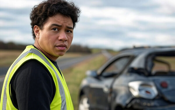 homme portant un gilet jaune sur la route