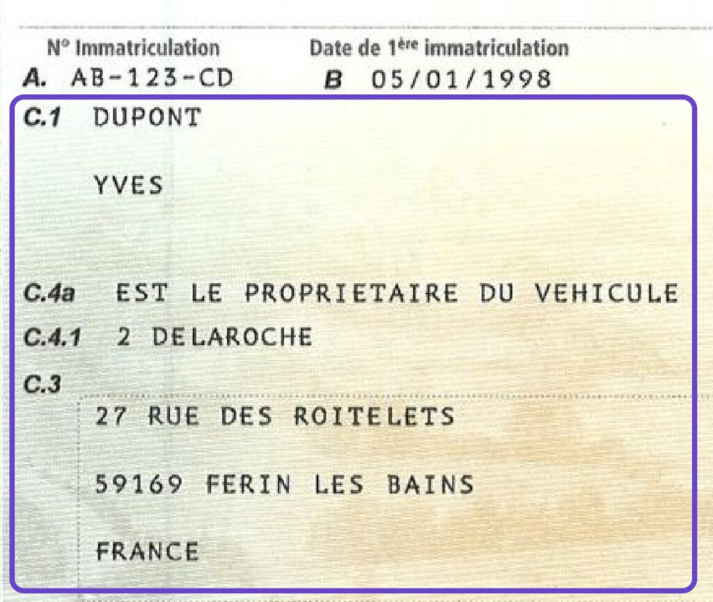 rubrique c carte grise auto titulaire adresse